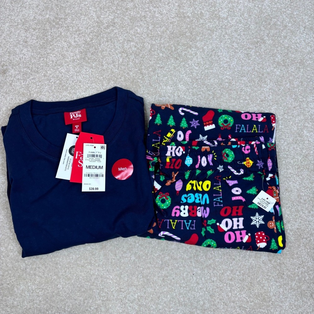 Family PJs Men Medium Navy Christmas Holiday Pajama Set Long Sleeve Pants‎ NWT
